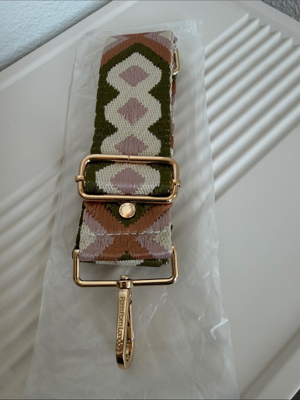 Pom Pom London Adjustable Guitar Bag Strap -
Tan Green lilac & Cream.